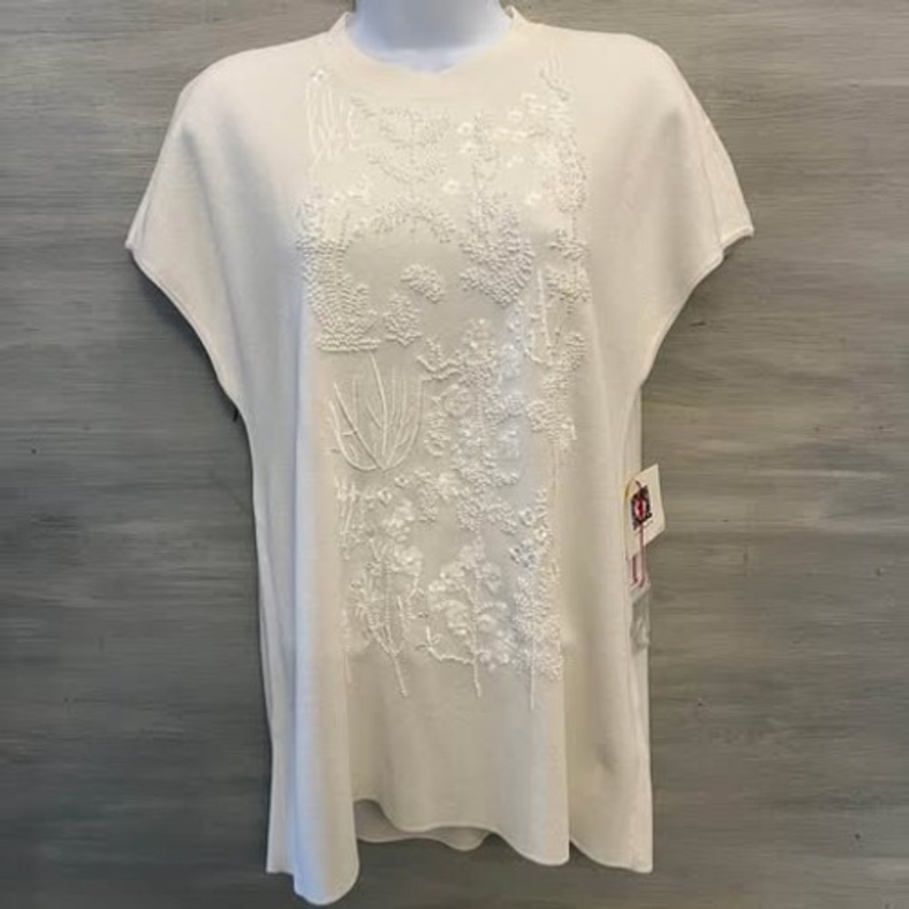 Anne Klein White Knit Floral Embellished‎ Cap Sleeve Sweater Medium GC